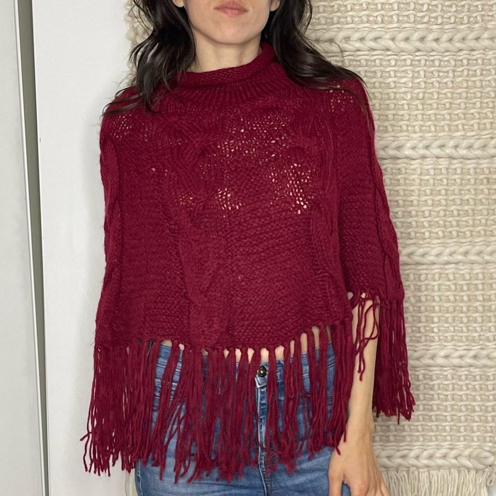 Turtle Neck Knitted Poncho Featuring Fringe - Picture 3 of 6